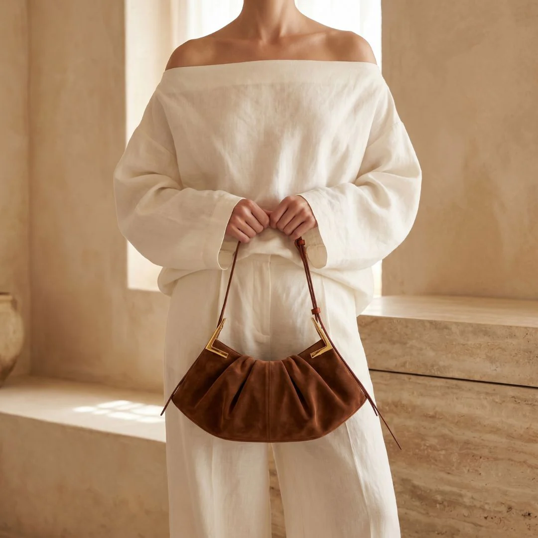 Talia Pleated Suede Handbag - Image 13