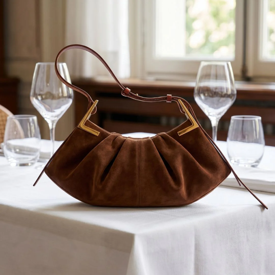 Talia Pleated Suede Handbag - Image 14