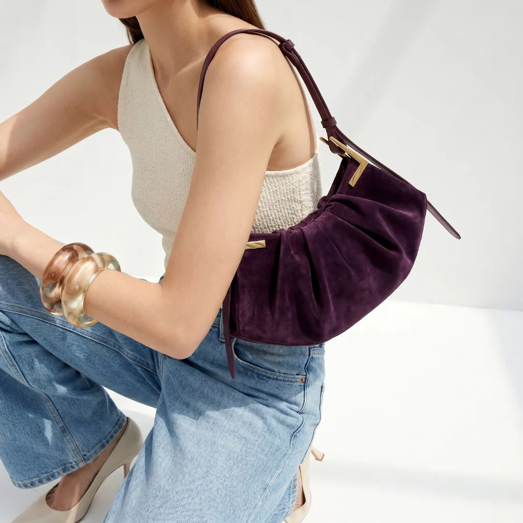 Talia Pleated Suede Handbag - Image 18